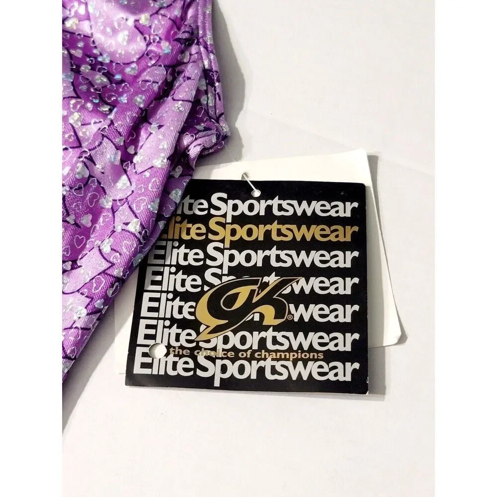 GK Elite Gymnastics Dance Racerback Keyhole Leotard Foil Hearts Purple Adult L